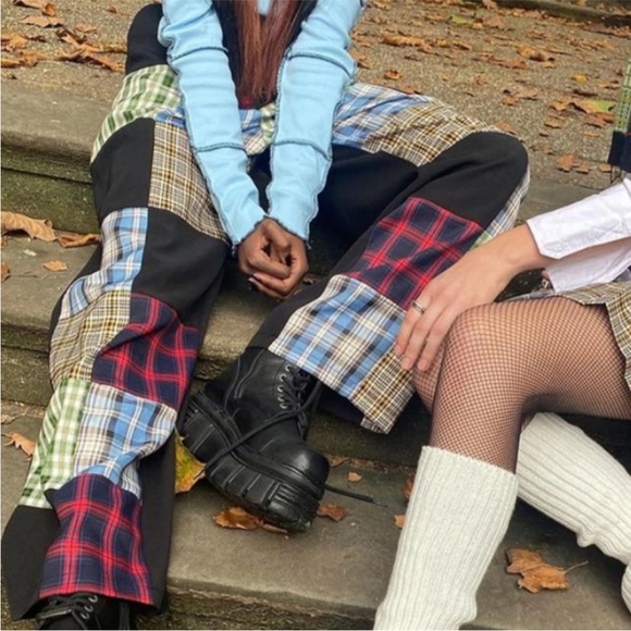 The Ragged Priest X Free People Error Plaid Patchwork Straight Leg Pants Trouser - Picture 5 of 16